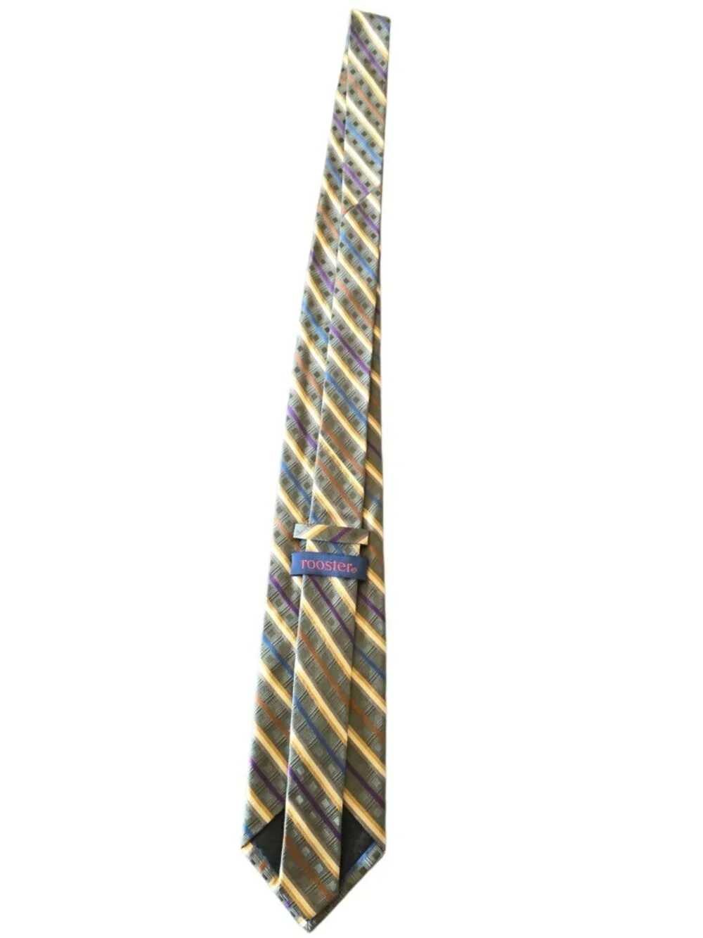 Rooster 100% Silk Tie Green Blue Purple Gold Geometric Striped Necktie 3.5”